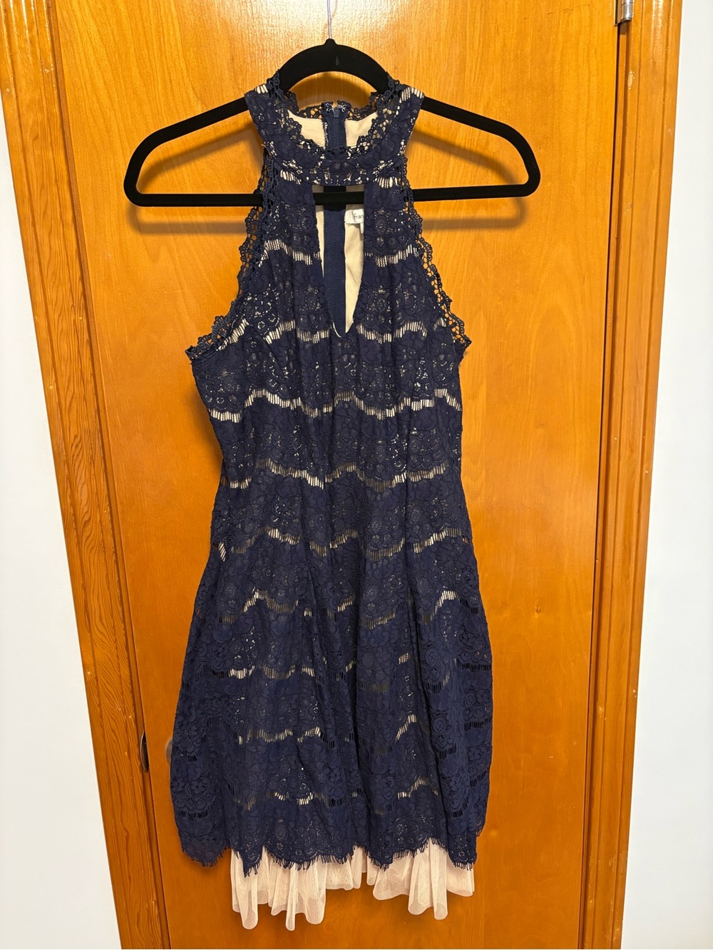 Francesca's Collections Navy Lace Halter Dress with Nude Underlay